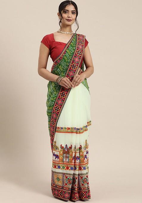Green Printed Blended Saree Set