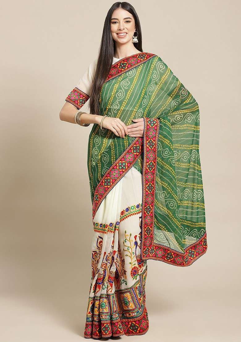 Green Blended Saree Set with Printed for Diwali | Wedding & Festive Wear - Indya