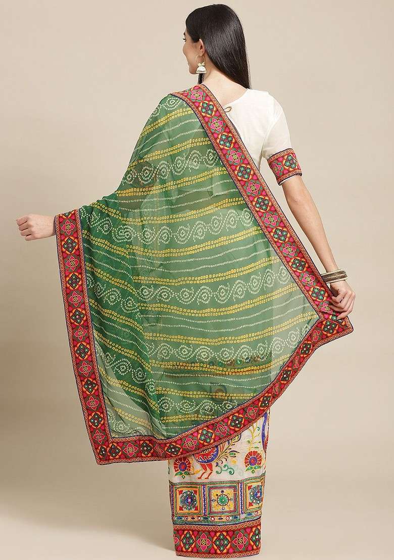 Green Blended Saree Set with Printed for Diwali | Wedding & Festive Wear - Indya