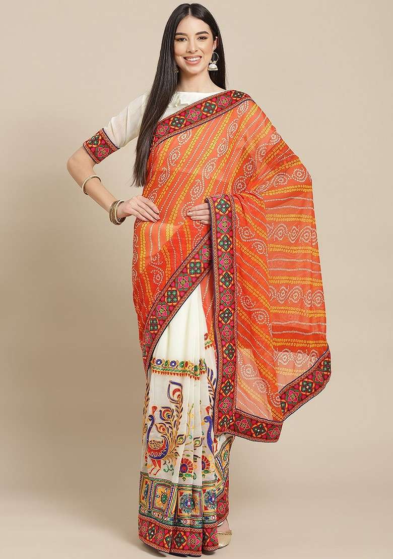 Orange Printed Blended Saree Set for Diwali and Festive Wear - Indya