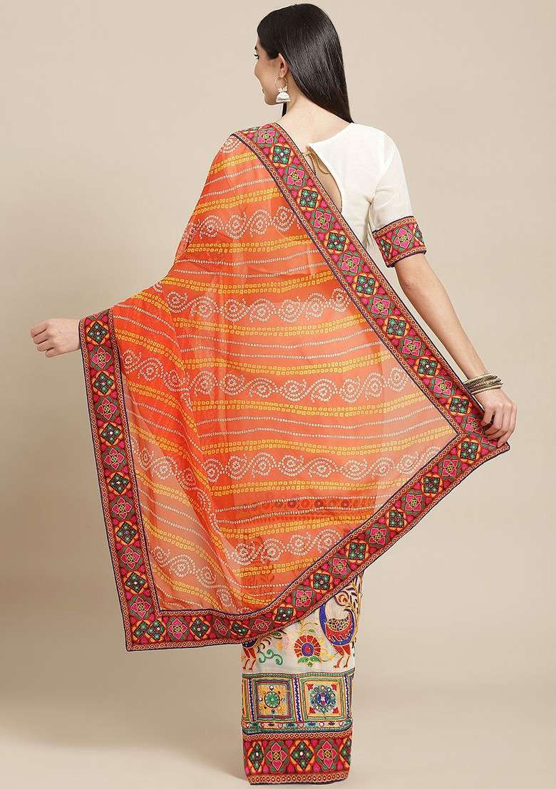 Orange Printed Blended Saree Set for Diwali and Festive Wear - Indya