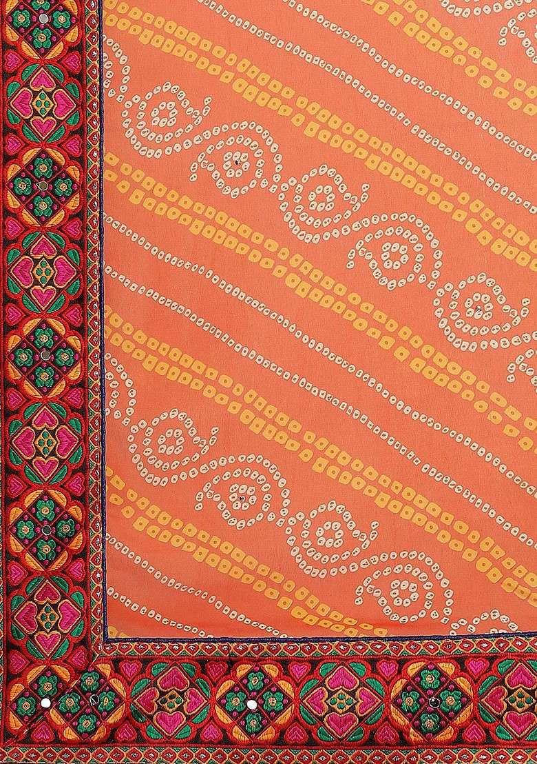 Orange Printed Blended Saree Set for Diwali and Festive Wear - Indya