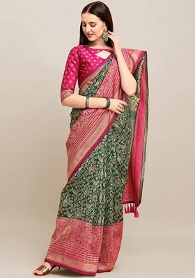Green Embroidered Blended Saree Set