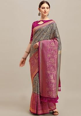 Grey Embroidered Blended Saree Set