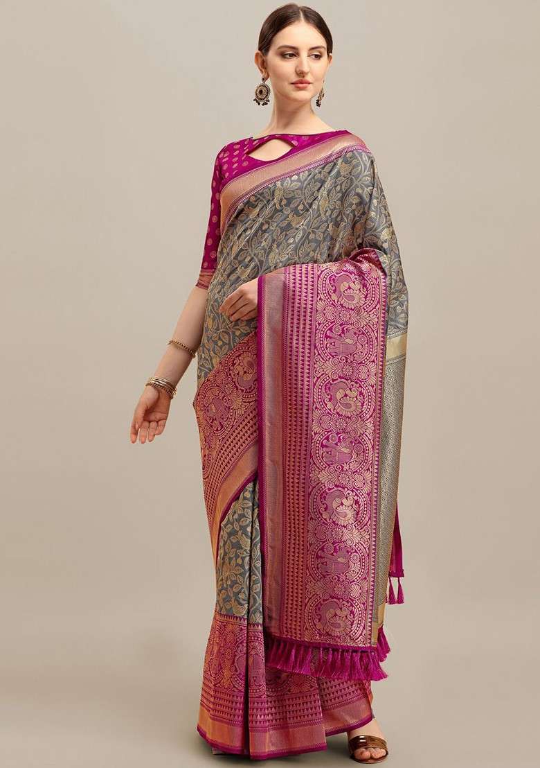 Grey Blended Saree Set with Embroidered for Diwali | Wedding & Festive Wear - Indya