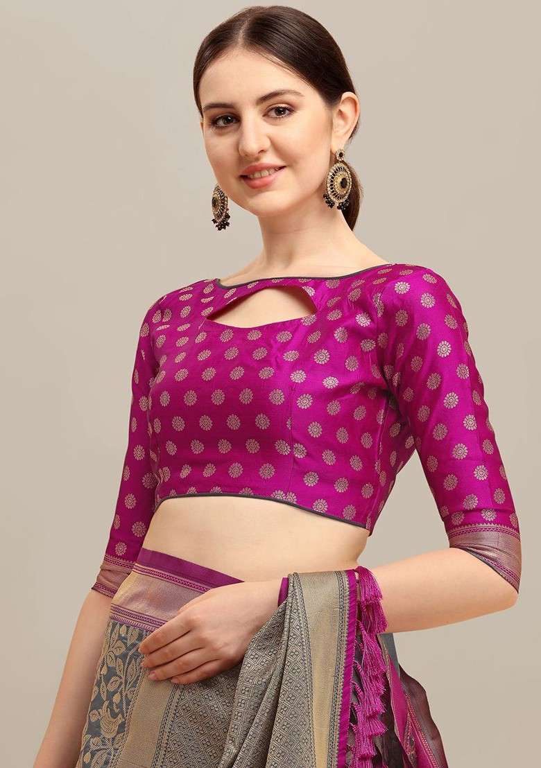 Grey Blended Saree Set with Embroidered for Diwali | Wedding & Festive Wear - Indya