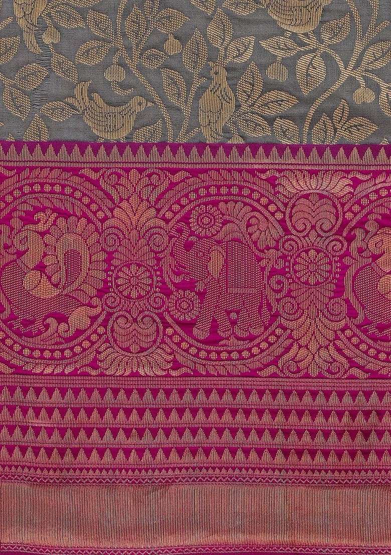 Grey Blended Saree Set with Embroidered for Diwali | Wedding & Festive Wear - Indya