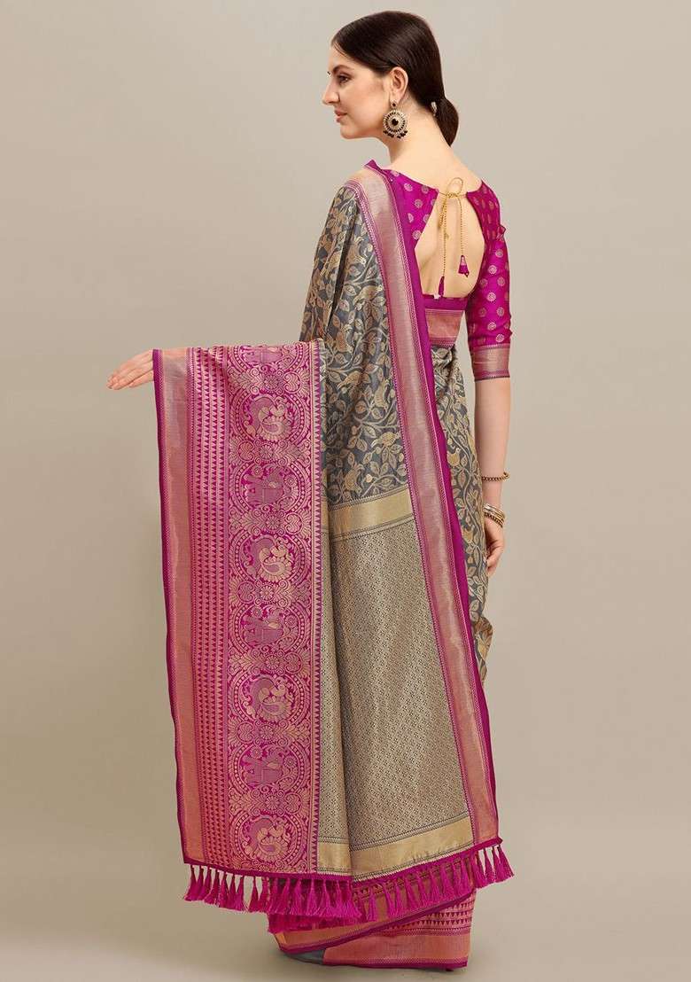 Grey Blended Saree Set with Embroidered for Diwali | Wedding & Festive Wear - Indya