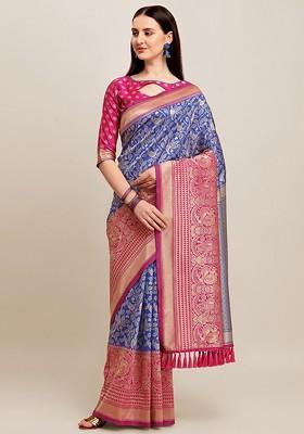 Blue Jacquard Blended Saree Set