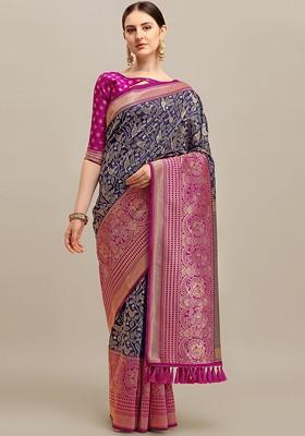 Navy Blue Embroidered Blended Saree Set