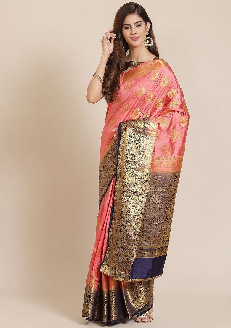 Pink Embroidered Blended Saree Set for Diwali and Festive Wear - Indya