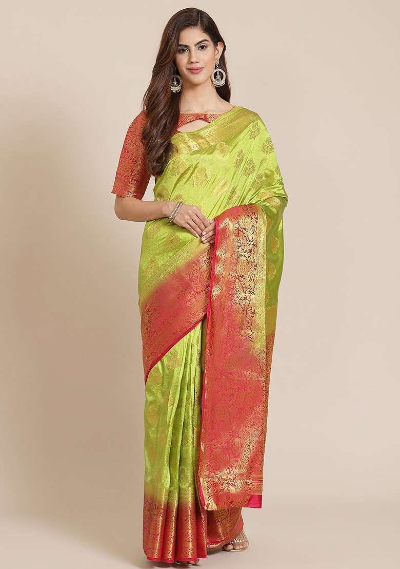 Green Embroidered Blended Saree Set for Diwali and Festive Wear - Indya