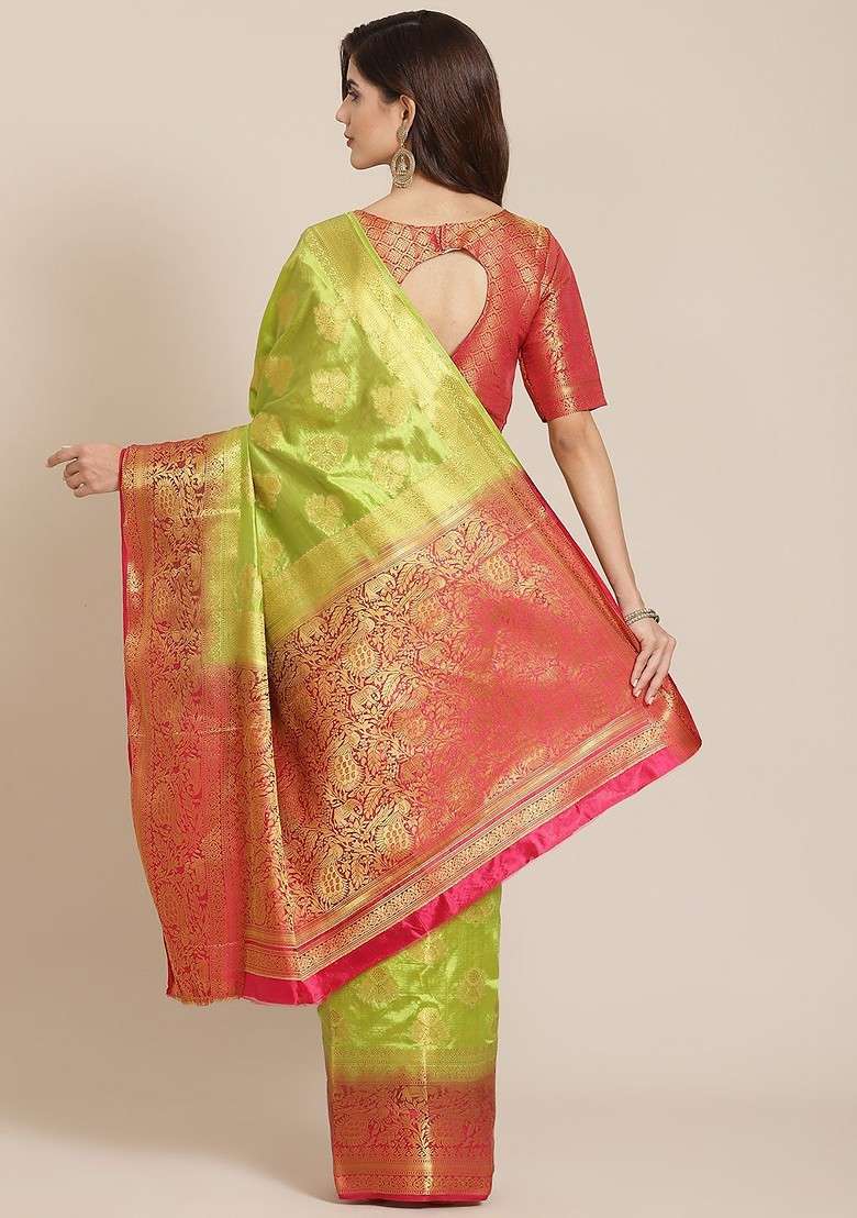 Green Embroidered Blended Saree Set for Diwali and Festive Wear - Indya