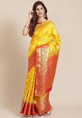 Yellow Embroidered Blended Saree Set