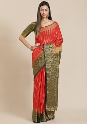 Red Embroidered Blended Saree Set