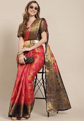 Pink Embroidered Blended Saree Set