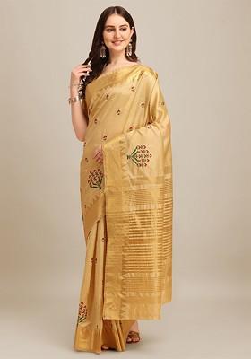 Cream Printed Blended Saree Set
