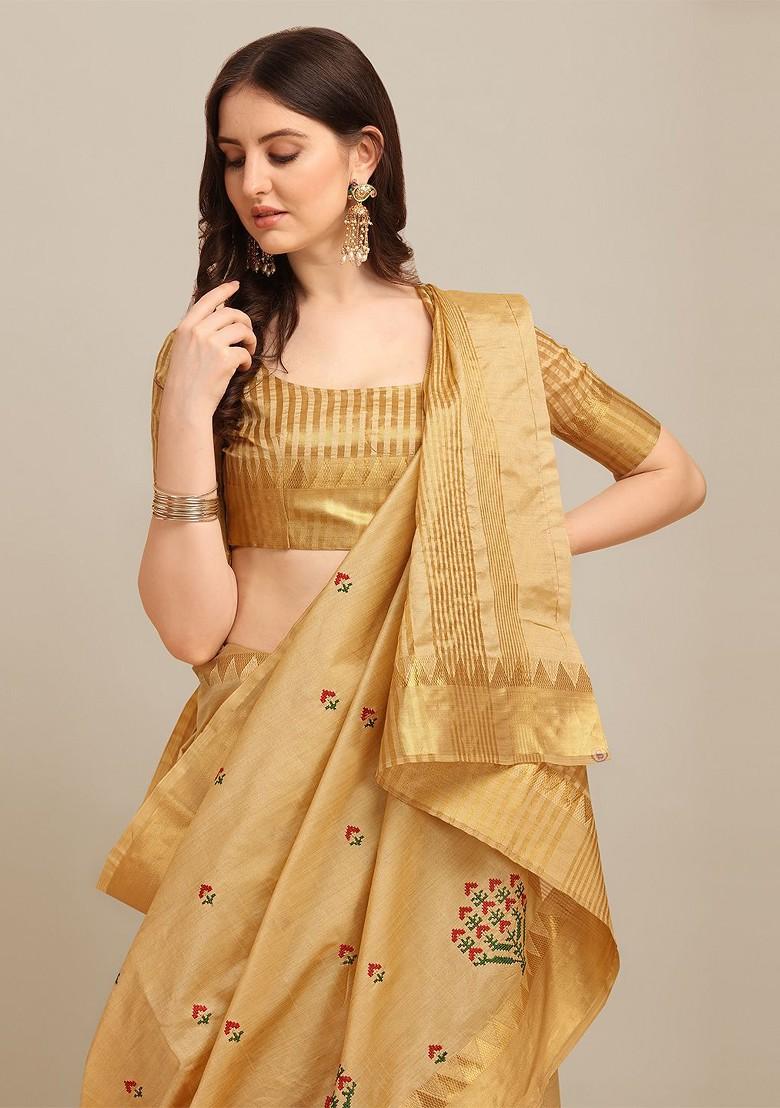 Cream Printed Blended Saree Set - Indya