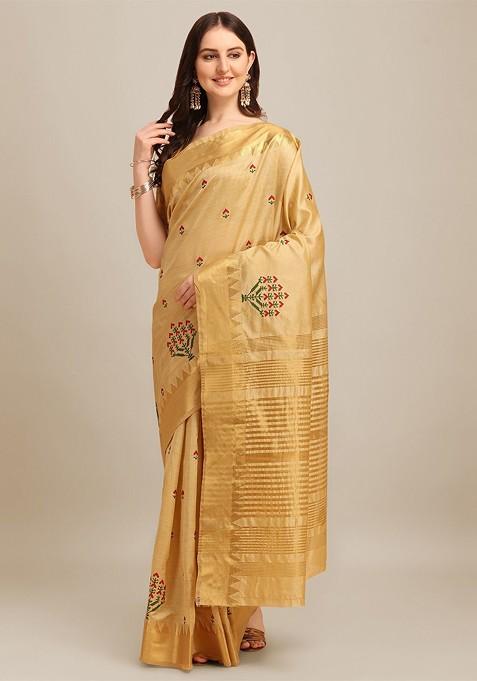 Cream Printed Blended Saree Set