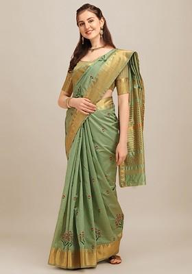 Green Printed Blended Saree Set