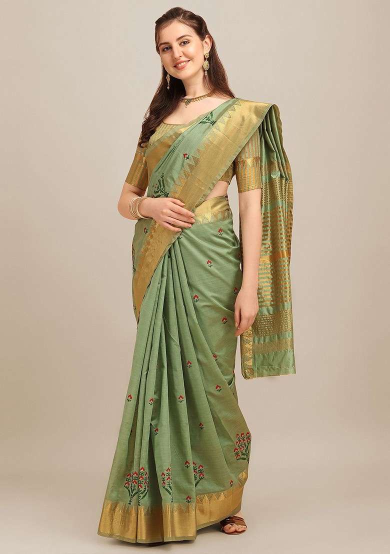 Green Printed Blended Saree Set for Diwali and Festive Wear - Indya