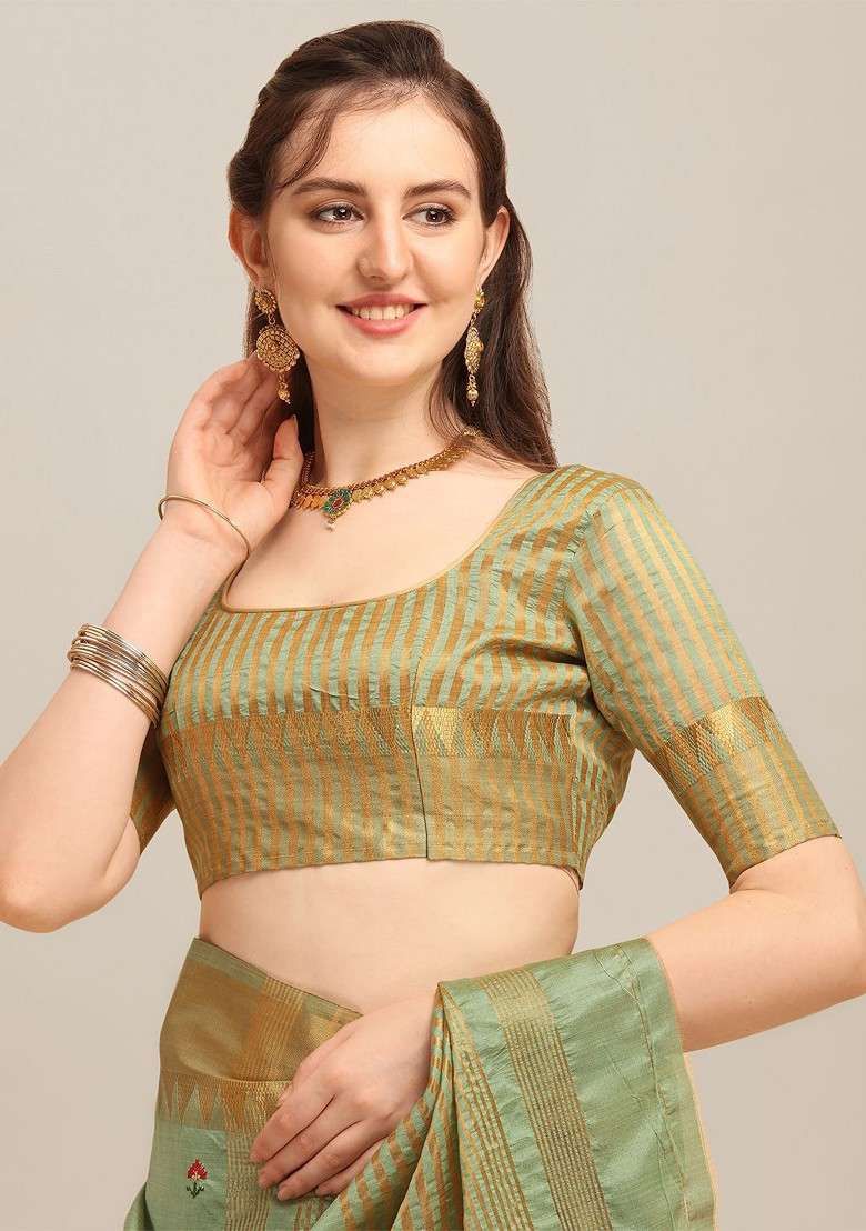 Green Printed Blended Saree Set for Diwali and Festive Wear - Indya