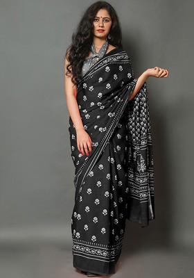 Black Printed Blended Saree Set