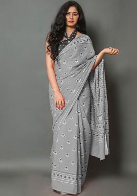 Grey Embroidered Blended Saree Set