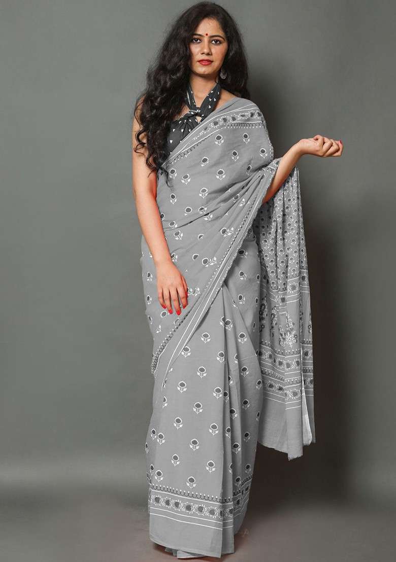 Grey Embroidered Blended Saree Set - Indya
