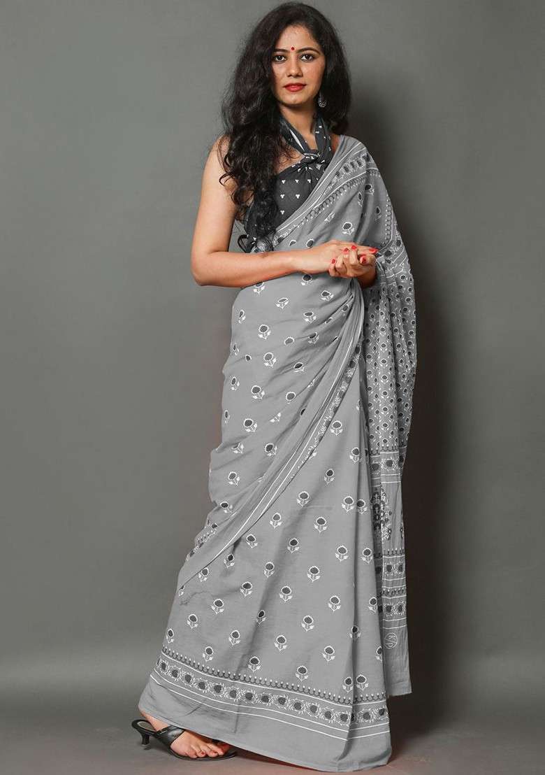 Grey Embroidered Blended Saree Set - Indya