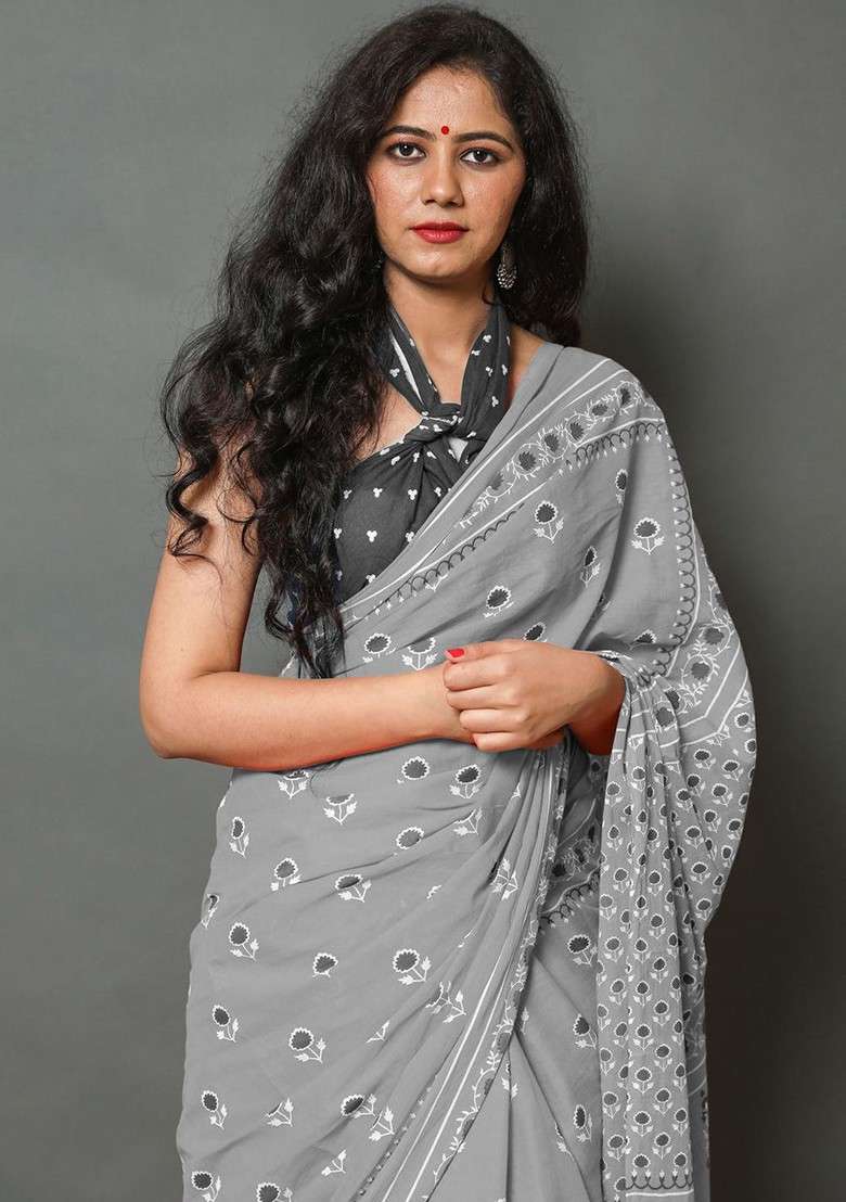 Grey Embroidered Blended Saree Set - Indya