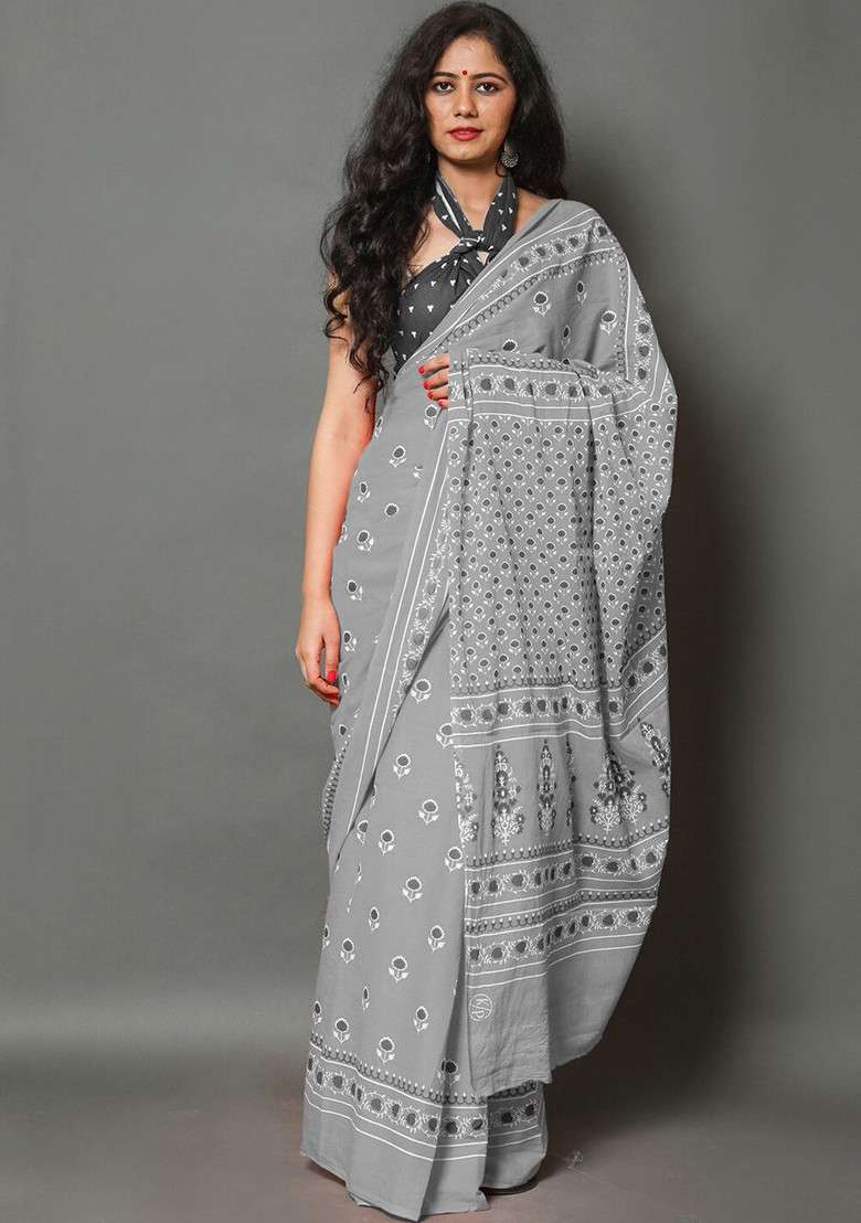 Grey Embroidered Blended Saree Set - Indya