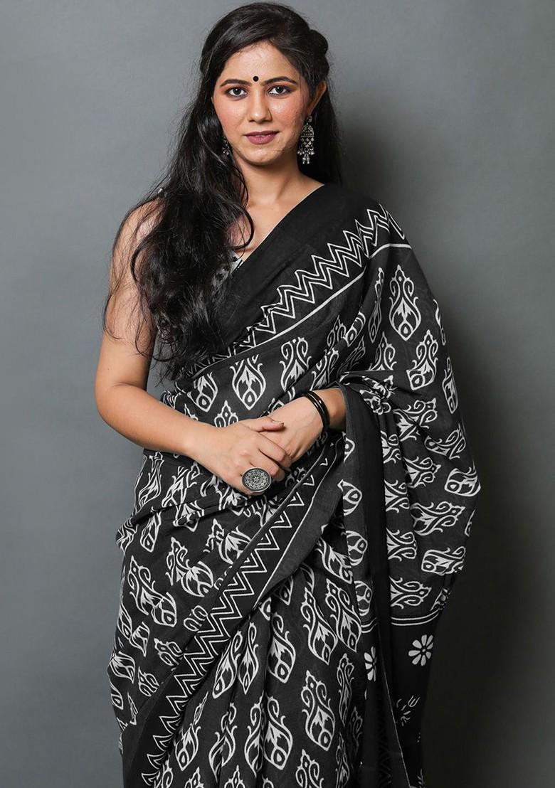 Black Printed Blended Saree Set - Indya