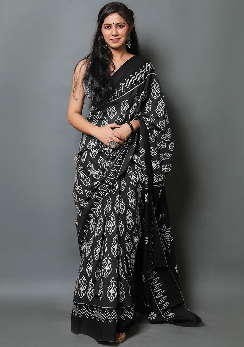 Black Printed Blended Saree Set - Indya