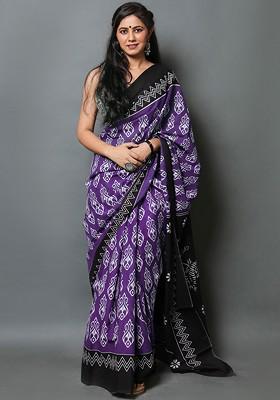 Purple Printed Blended Saree Set
