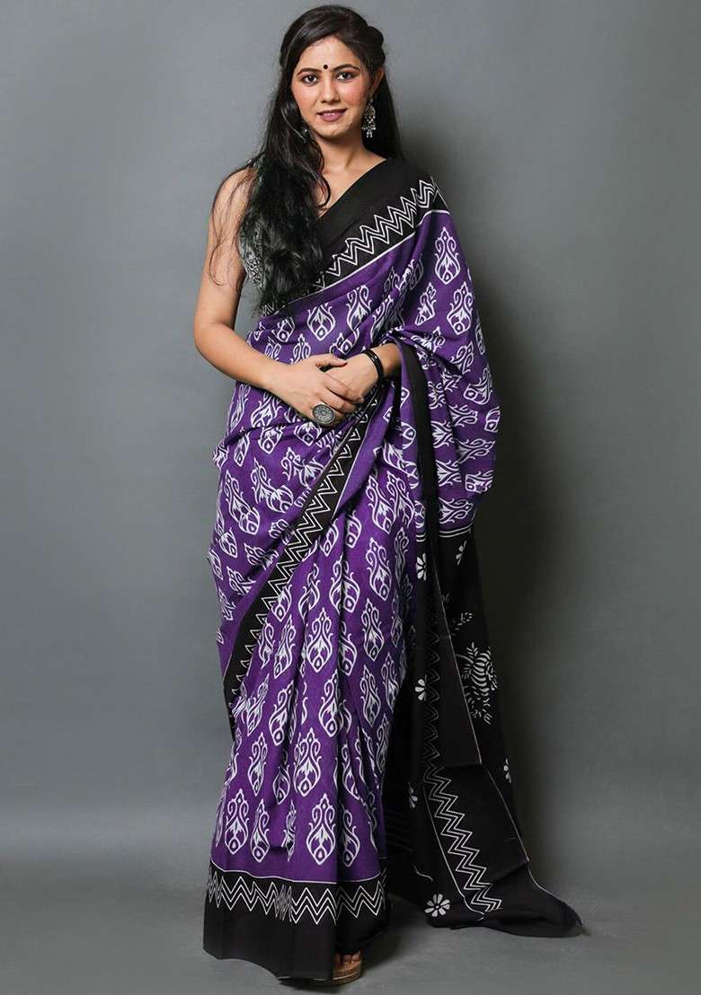 Purple Printed Blended Saree Set - Indya