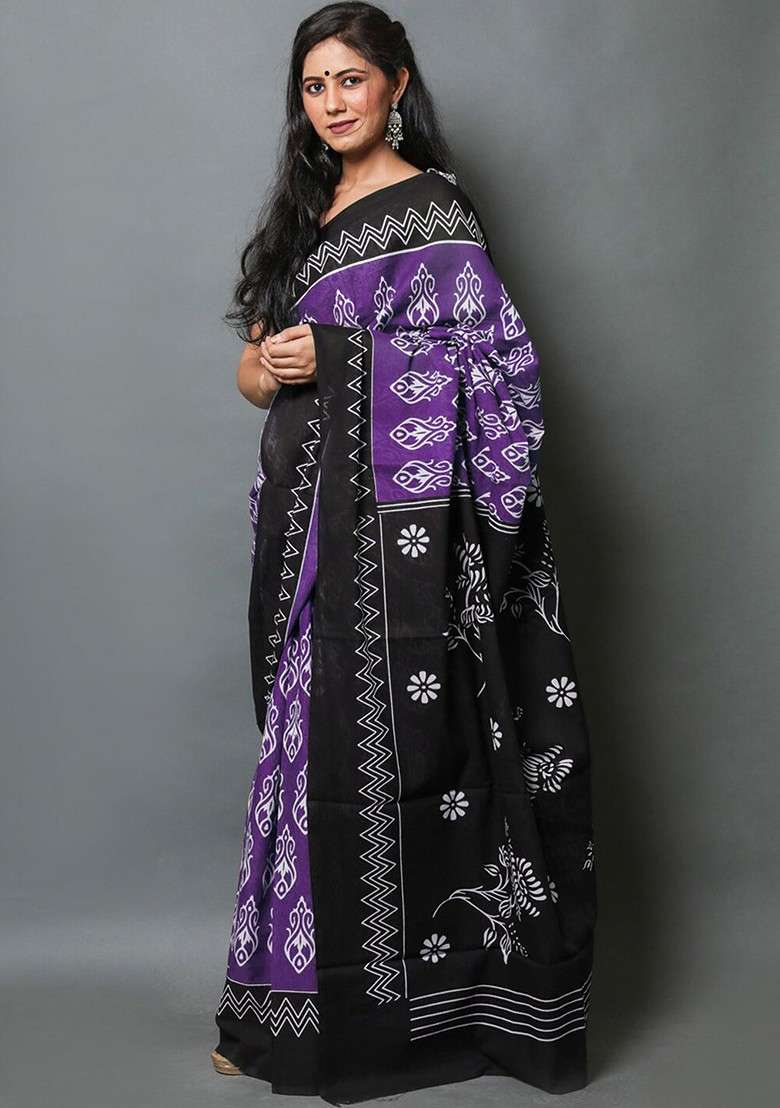 Purple Printed Blended Saree Set - Indya