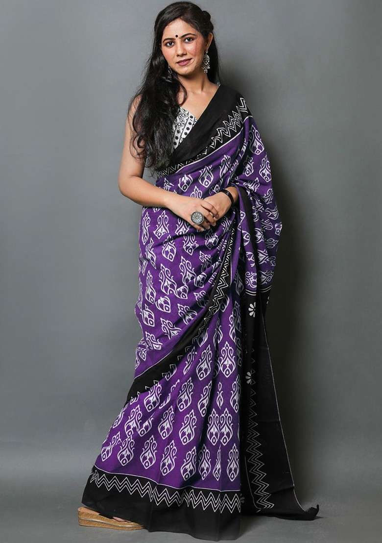 Purple Printed Blended Saree Set - Indya