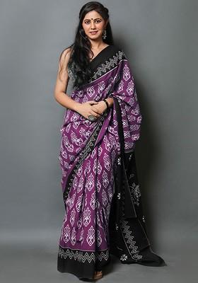 Purple Embroidered Blended Saree Set