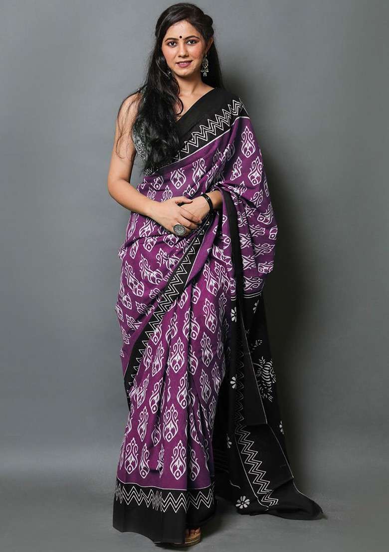 Purple Embroidered Blended Saree Set - Indya