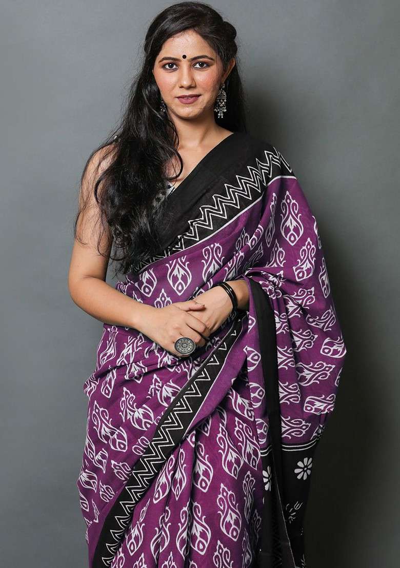 Purple Embroidered Blended Saree Set - Indya