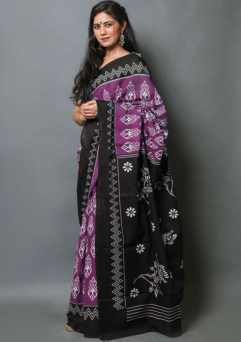 Purple Embroidered Blended Saree Set - Indya