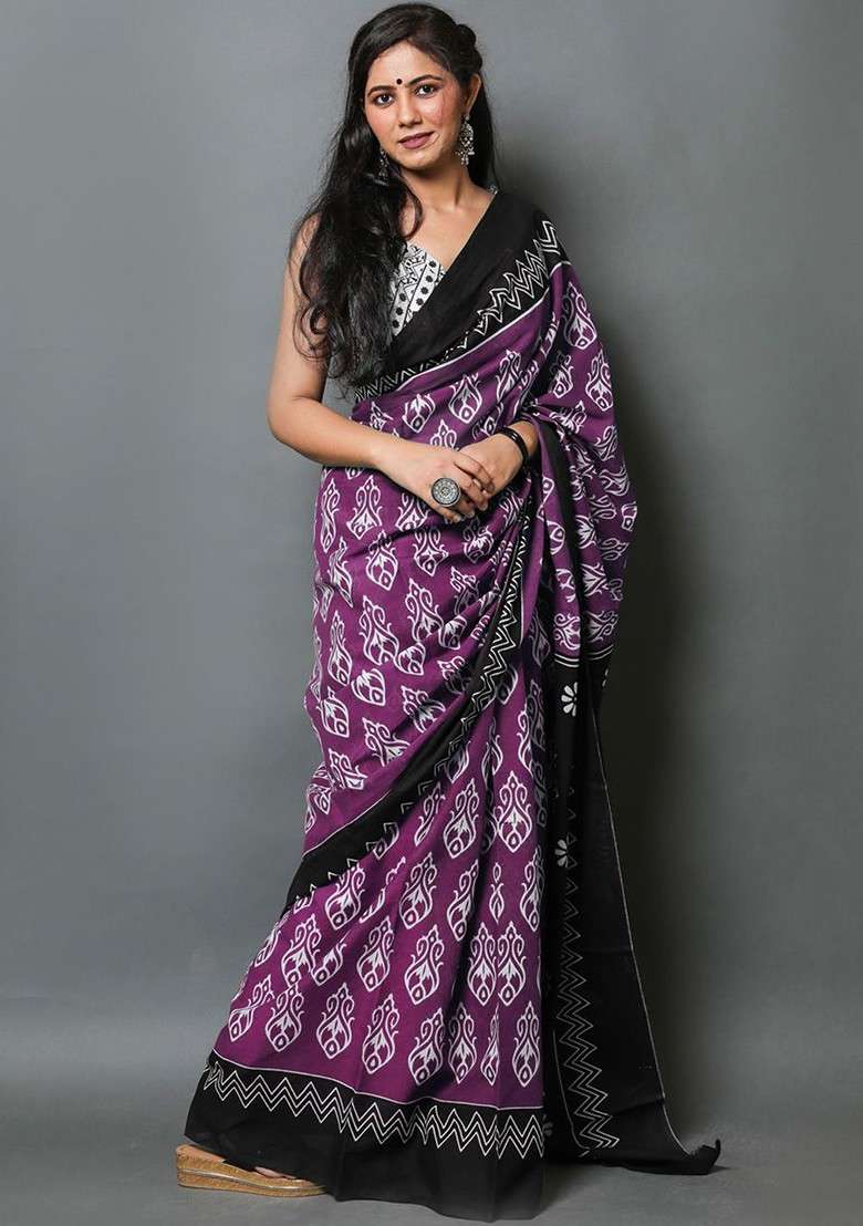 Purple Embroidered Blended Saree Set - Indya