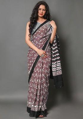 Maroon Embroidered Blended Saree Set