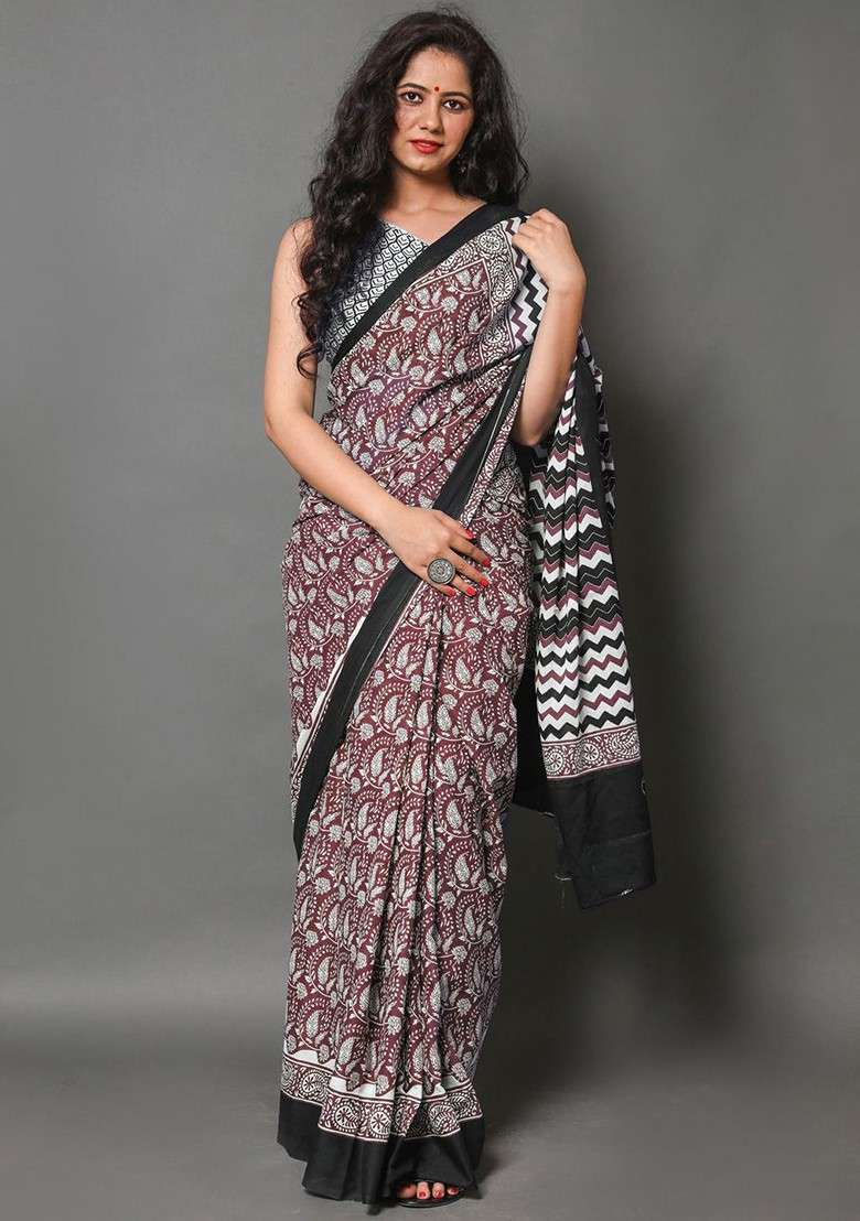 Maroon Embroidered Blended Saree Set - Indya