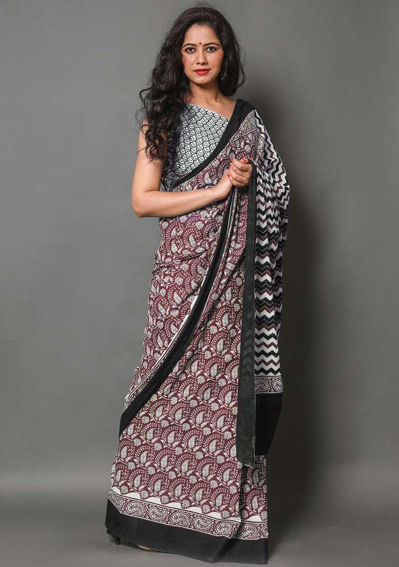Maroon Embroidered Blended Saree Set - Indya
