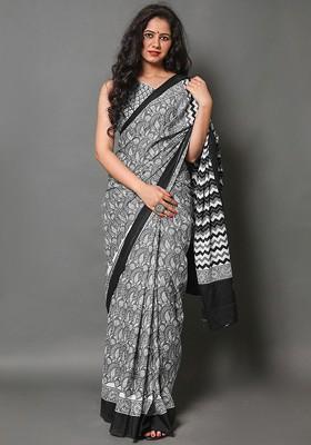 Grey Printed Blended Saree Set