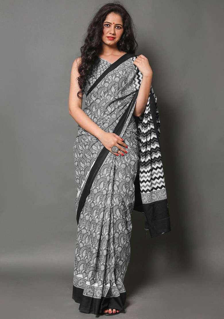 Grey Printed Blended Saree Set - Indya