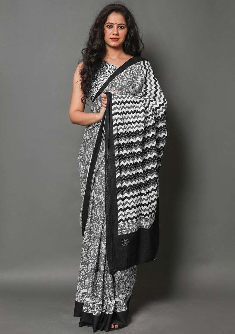 Grey Printed Blended Saree Set - Indya