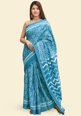 Blue Printed Blended Saree Set